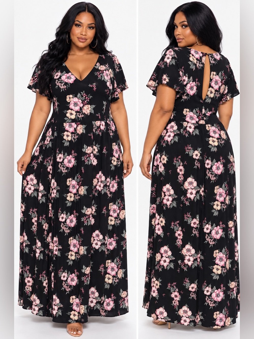 Torrid Black Pink Floral V-Neck Flutter Sleeve Maxi Dress